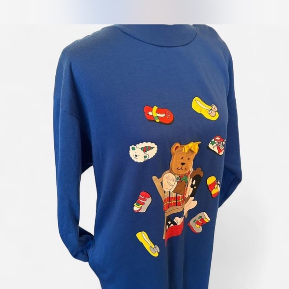Vintage 1980’s Teddy Bear Plush Blue Long Sweatshirt Dress Women’s Sz M - Picture 7 of 7